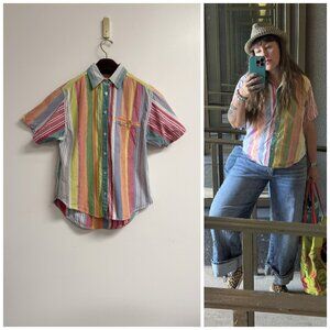 Vintage 90s Bright Multicolored Striped Button Down Short Sleeve S/M